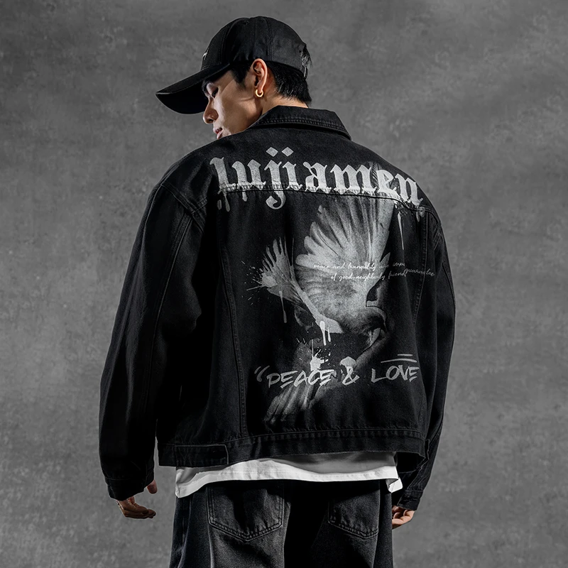 鹿家门新款爱与和平系列重磅牛仔外套男健身运动休闲宽松大码夹克