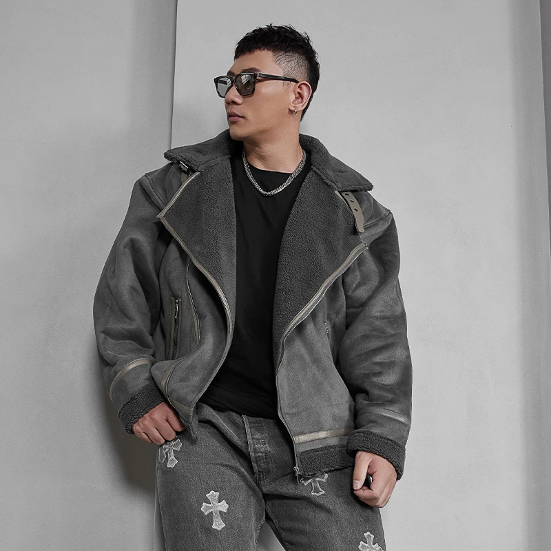 鹿家门加绒加厚秋冬外套男保暖仿皮草夹克运动健身休闲大码上衣