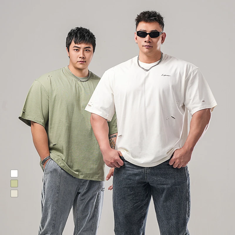 鹿家门夏季新款基础简约破洞休闲T恤男宽松大码重磅短袖透气上衣