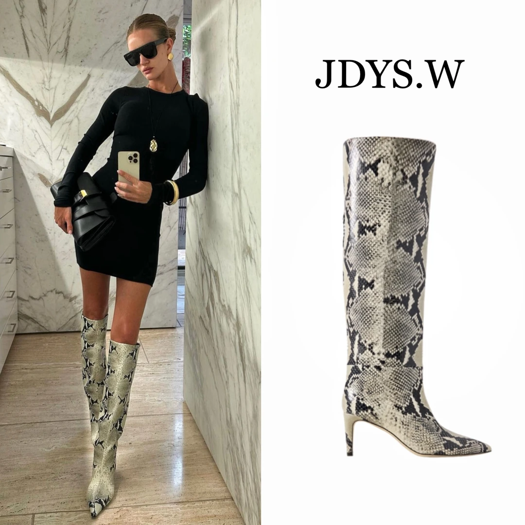 JDYS.W 【复古蛇纹 】真皮版高级感小众设计尖头细跟高跟直筒靴长靴