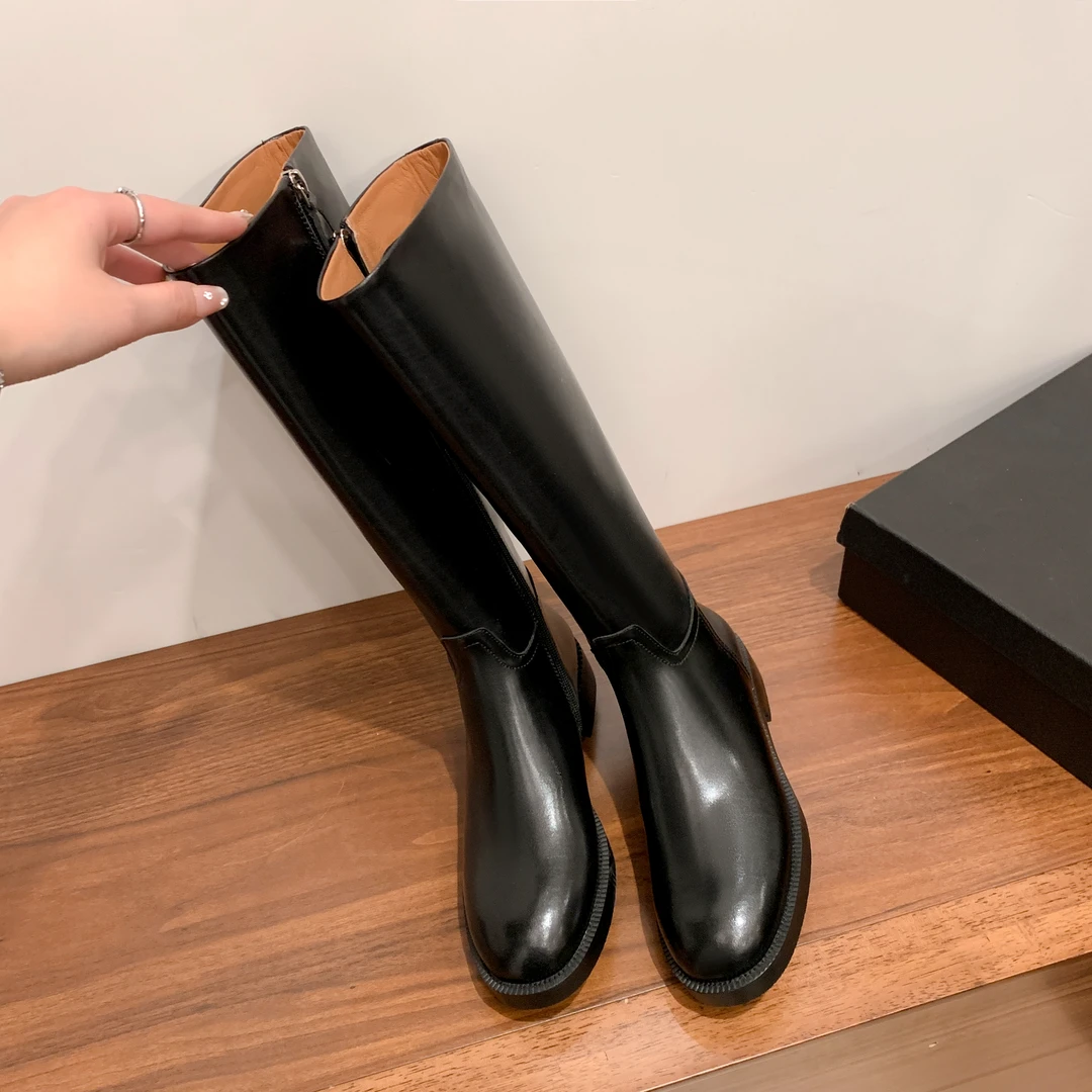 跟高:3cm/34-39靴子女秋长筒靴高筒骑士靴黑色低跟显瘦长靴