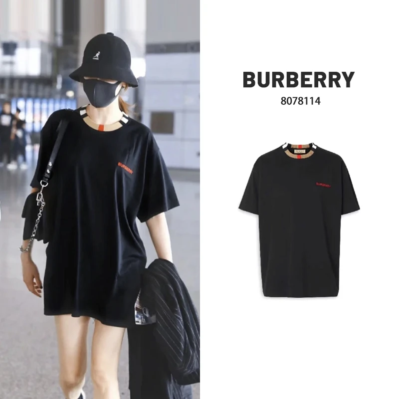 全新未使用 BURBERRY/博柏利 Q现货刺绣格纹领口短袖黑色 8078114