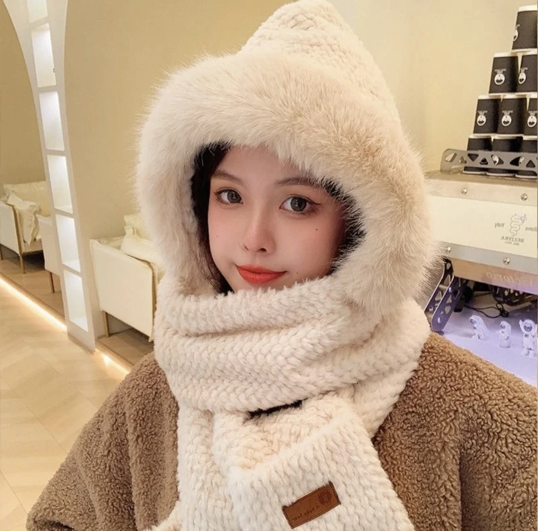 压花光板护耳保暖三件套帽子围巾手套一体男女骑车防风防寒围脖