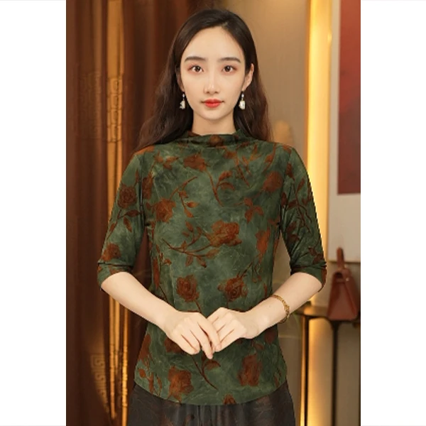 【帛玉家】906新中式复古弹力网纱薄款百搭打底衫修身显瘦