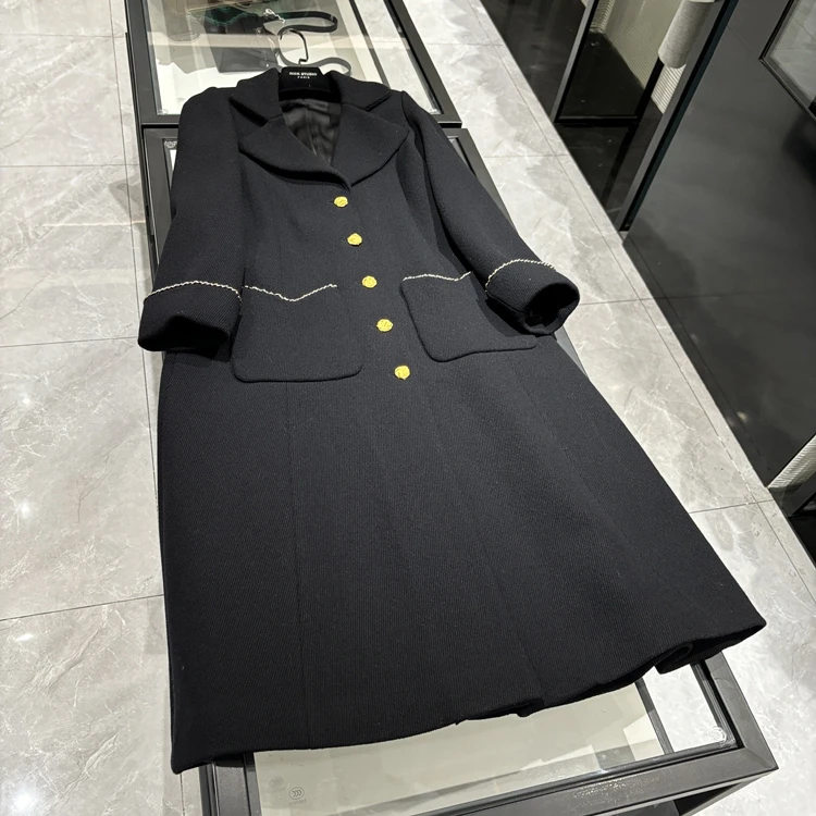 25年春装新款女装 手工链条单排扣双口袋长款外套大衣-2397