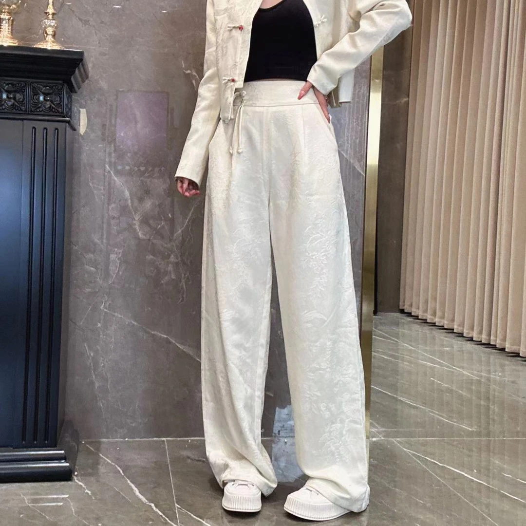 凤起玉鸣（龙华富贵）新中式国风春季提花休闲显瘦收腰阔腿裤