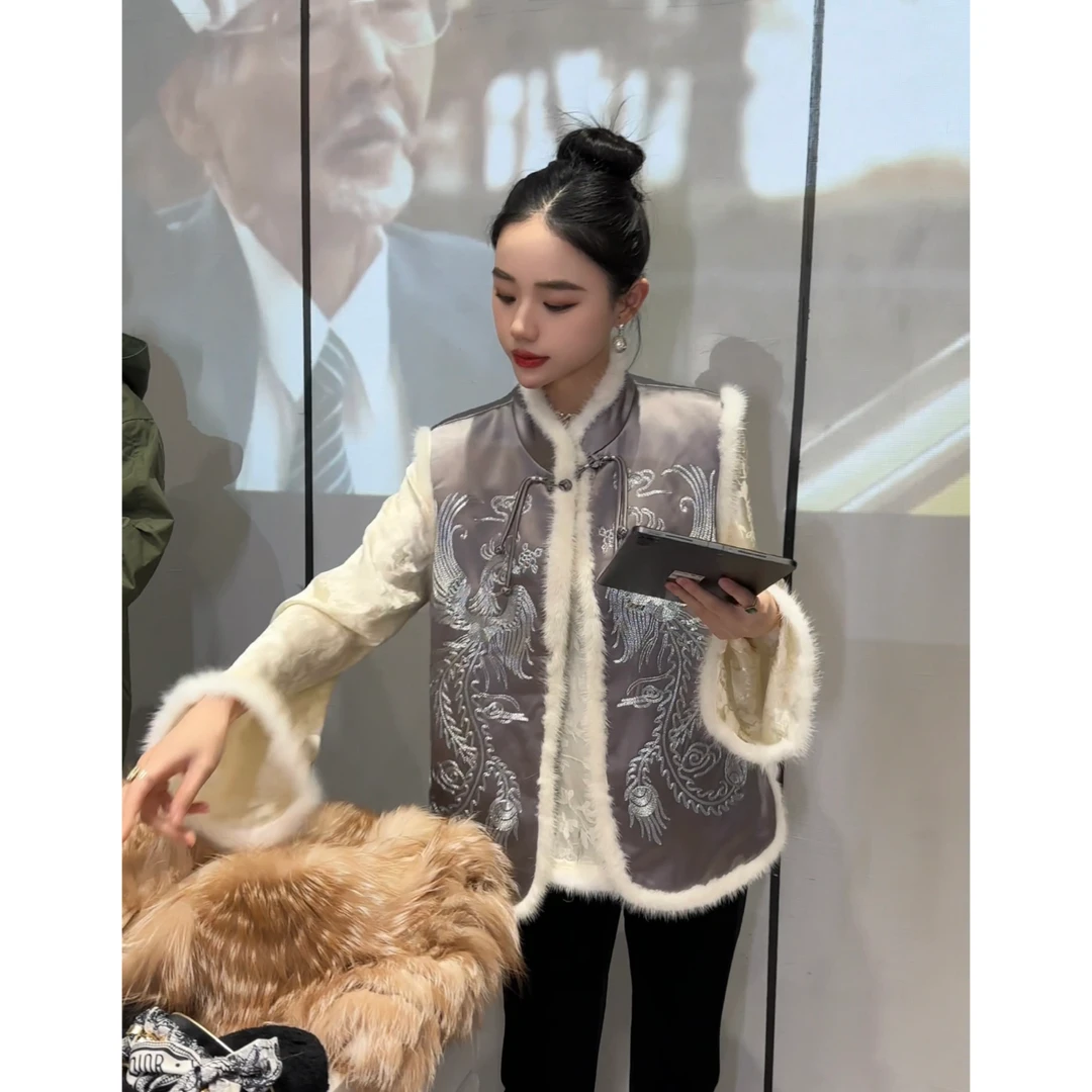 新款【伊人醉】新中式水貂毛醋酸重工刺绣百搭气质国风棉马甲