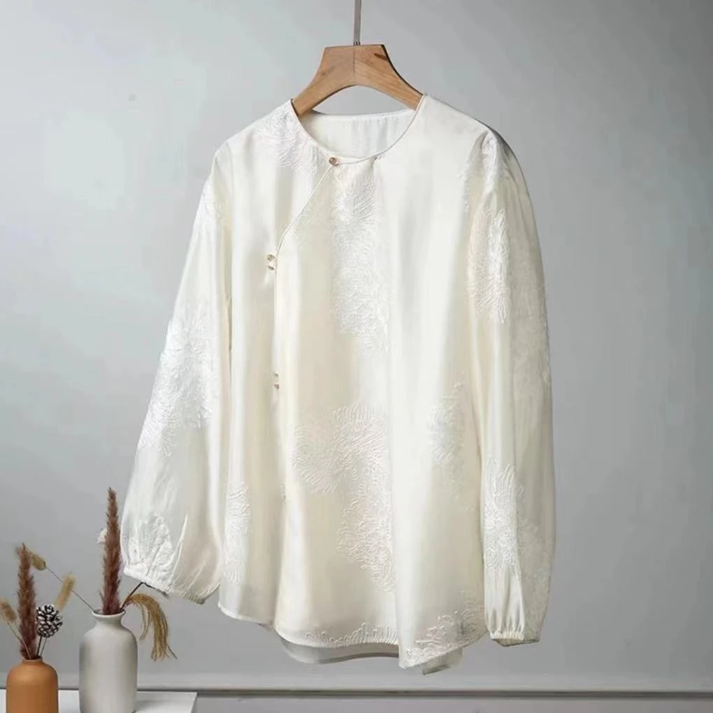 新中式国风高端重工绣花刺绣圆领小衫女长袖蕾丝欧根纱上衣