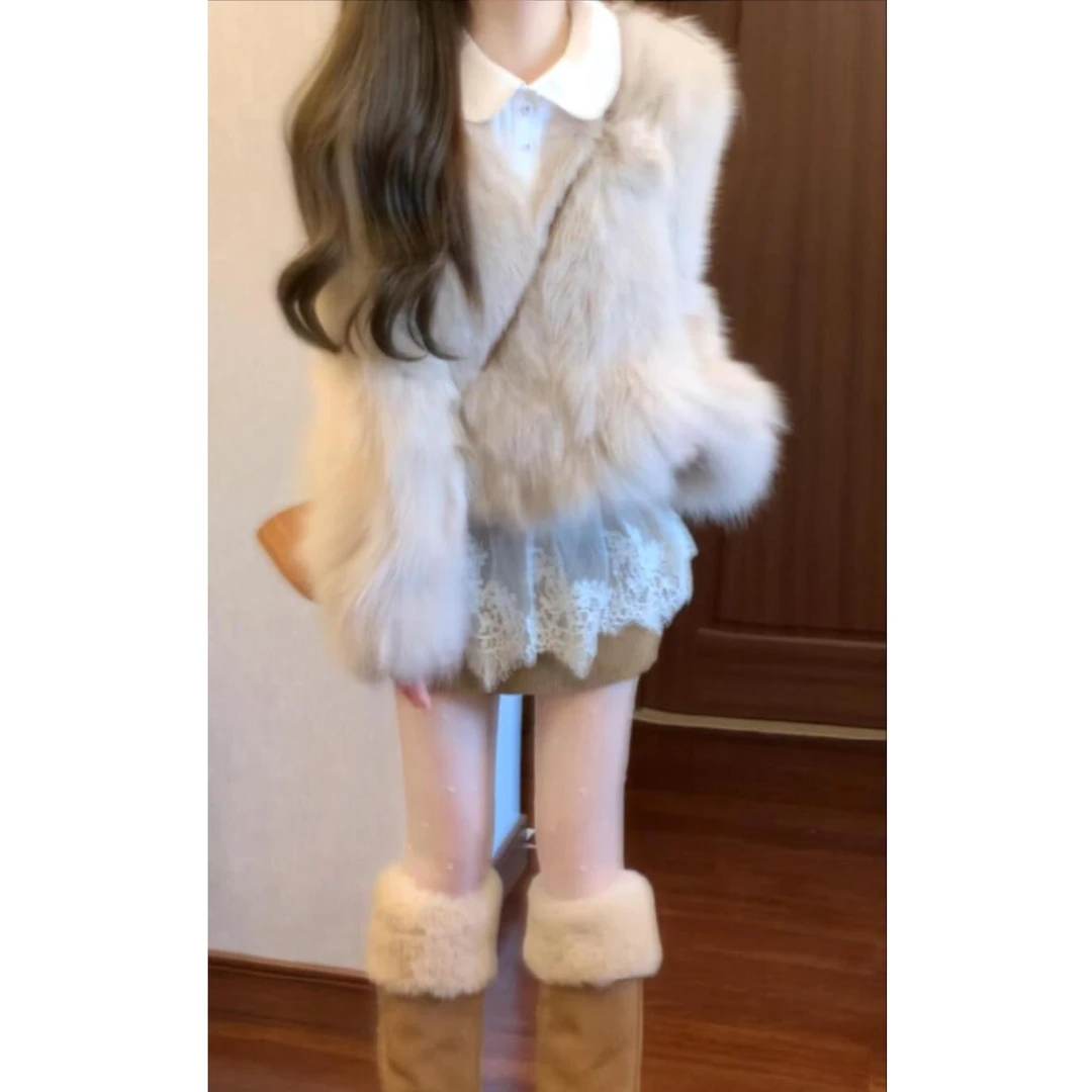 法式气质名媛设计感毛毛外套2024冬季新款内搭蕾丝衬衫上衣半身裙