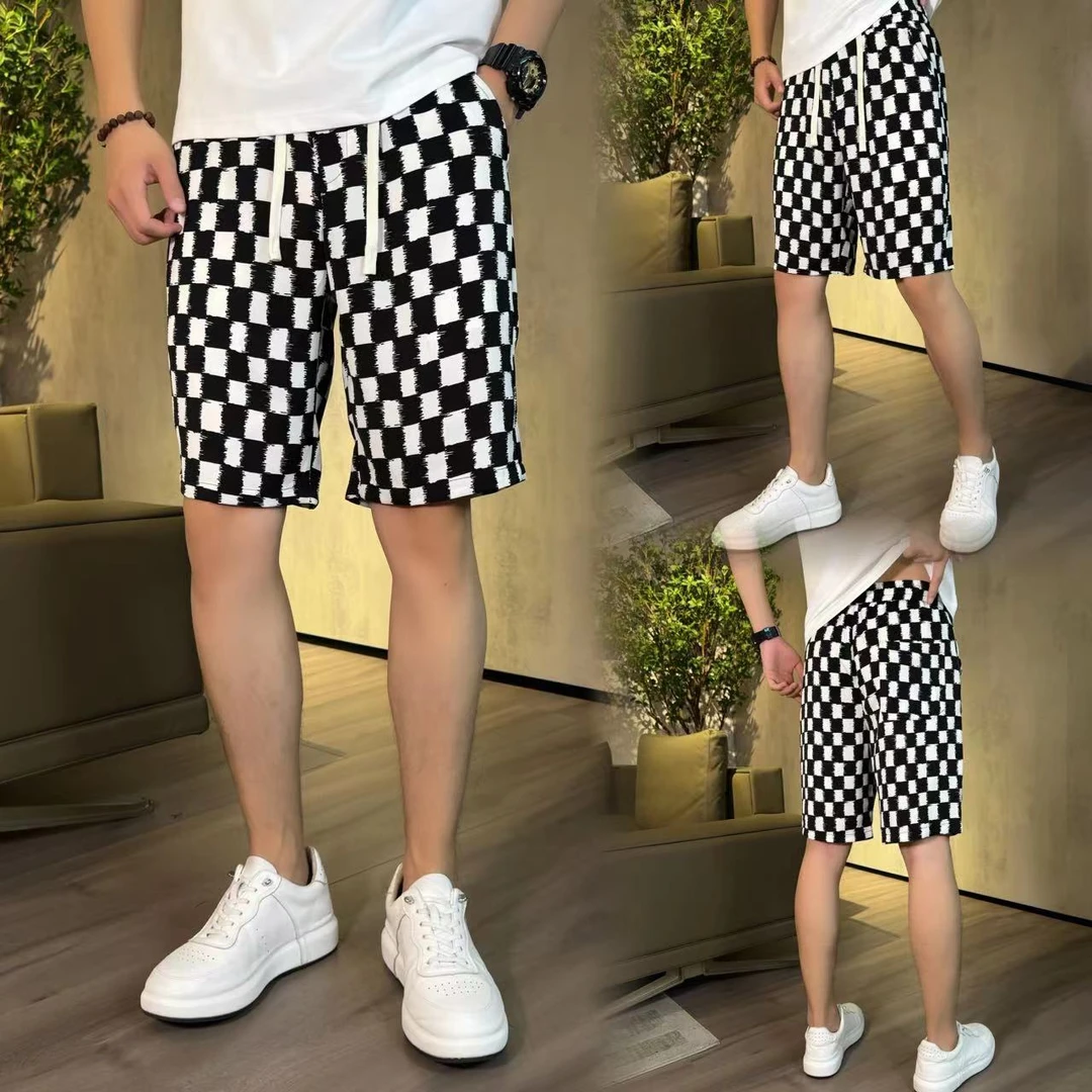 夏季棋盘格子短裤男透气痞帅潮流宽松阔腿篮球运动五分裤903