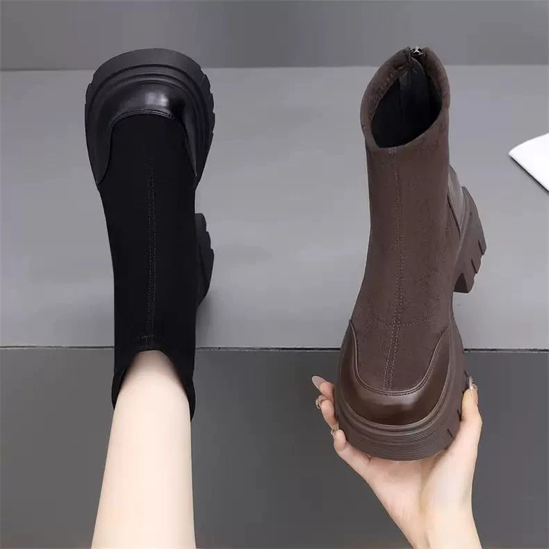 小个子弹力瘦瘦靴粗跟马丁靴女2025新款厚底切尔西增高显瘦女短靴