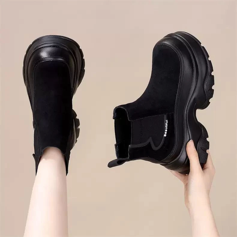 磨砂皮酷飒复古女松糕底秋冬款小个子机车靴加绒切尔西短靴烟管靴