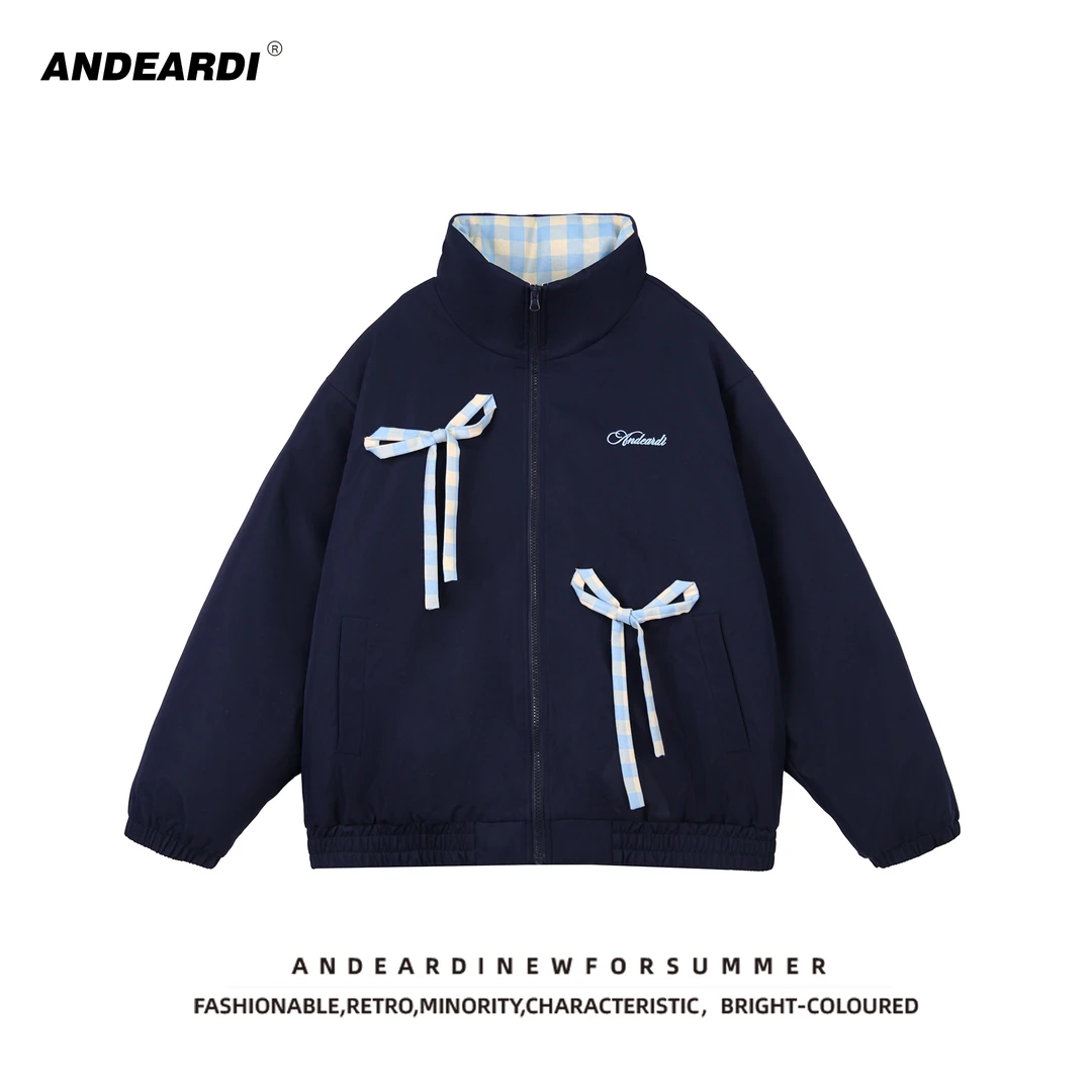 ANDEARDI潮牌设计感格子拼接甜美蝴蝶结绑带保暖棉衣宽松时尚外套