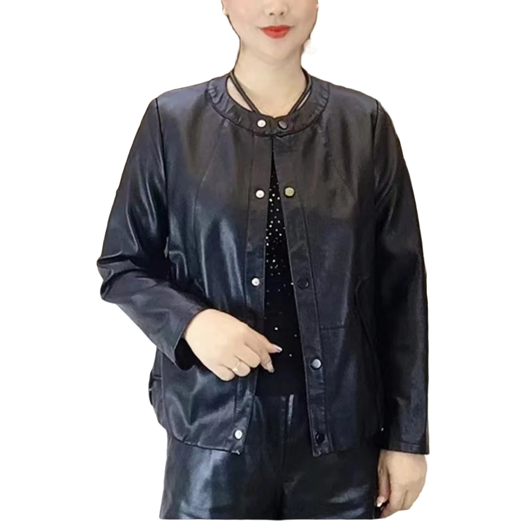 妈妈PU皮短款皮衣2023秋季新款时尚韩版休闲大码圆领皮夹克外套
