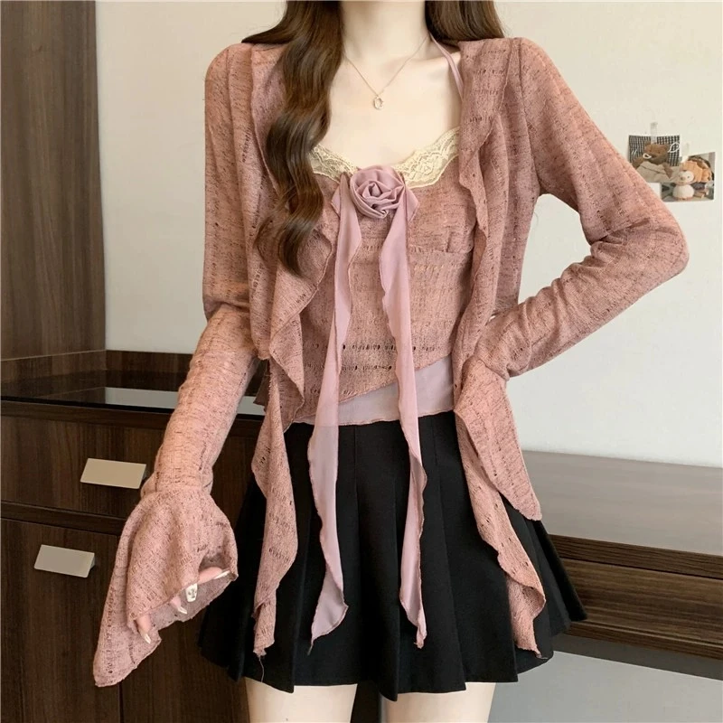 【现货】粉黛花墙2025春秋新款甜欲镂空针织玫瑰上衣开衫套装女