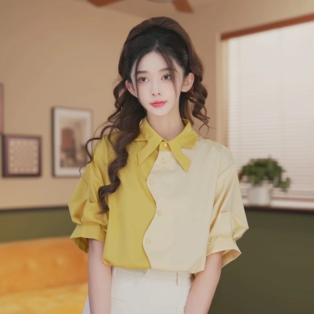 余紫绮.【薰衣草】拼色短袖衬衫女宽松显瘦上衣ZN0724179