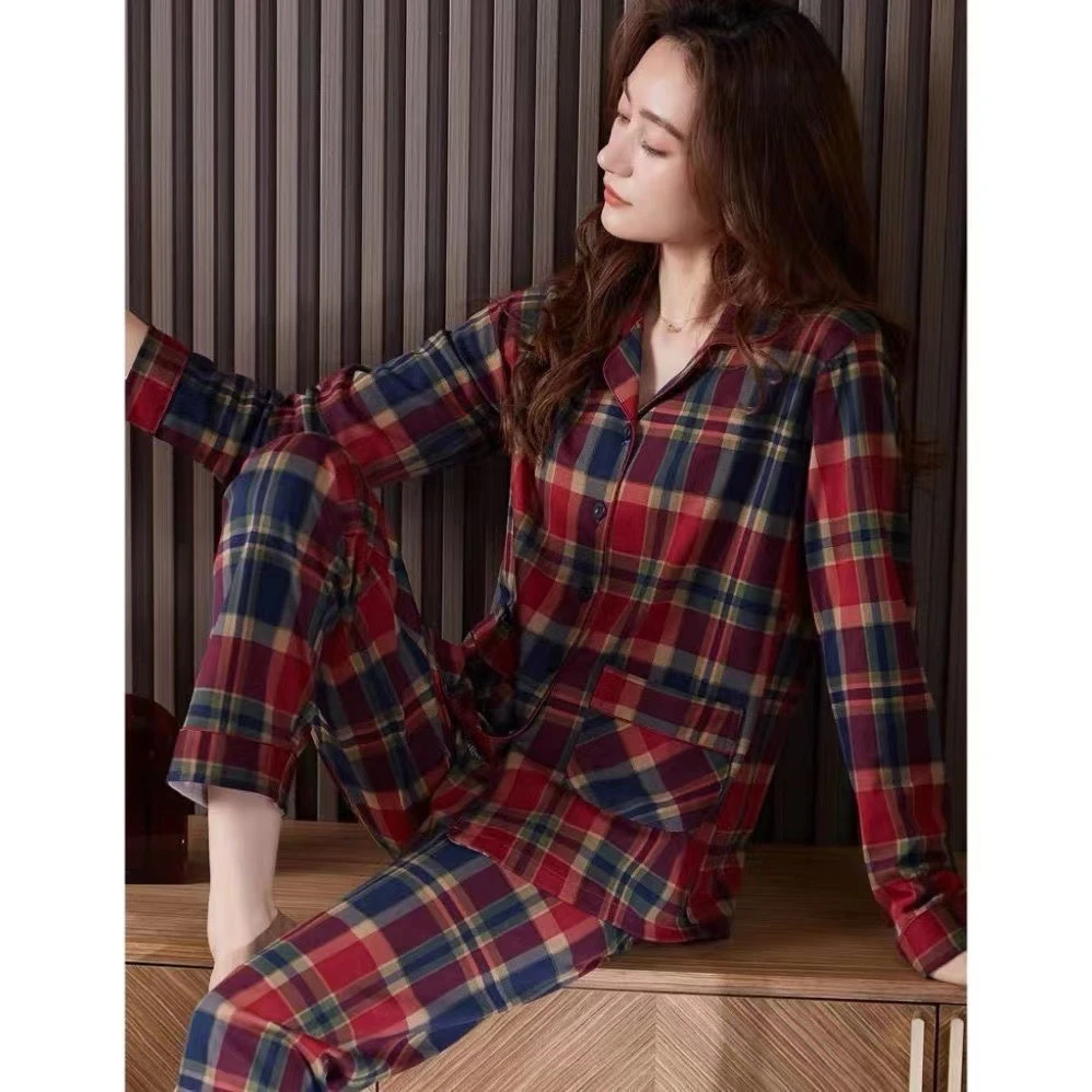 红色格子睡衣女春秋仿棉长袖大码开衫翻领可外女士居家服套装