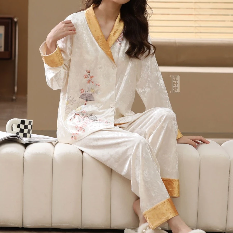 星叶梦春秋冬保暖雪花金钻绒国风长袖长裤套装家居服睡衣女