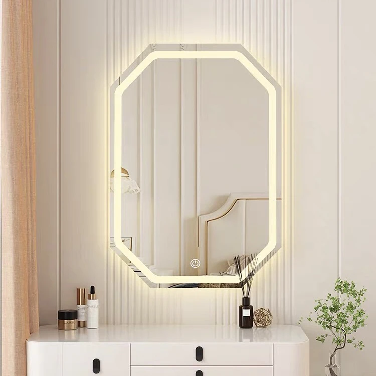 梳妆台镜子化妆镜带灯梳妆镜卫生间壁挂卧室上墙智能发光菱形镜子