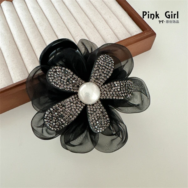 1818高级轻奢时尚欧根纱花朵8cm抓夹盘发夹后脑勺抓夹鲨鱼夹