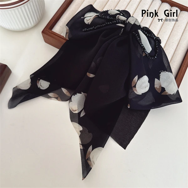 Pink Girl  Z701高级复古法式优雅多层蝴蝶结飘带5cm抓夹碎花抓夹