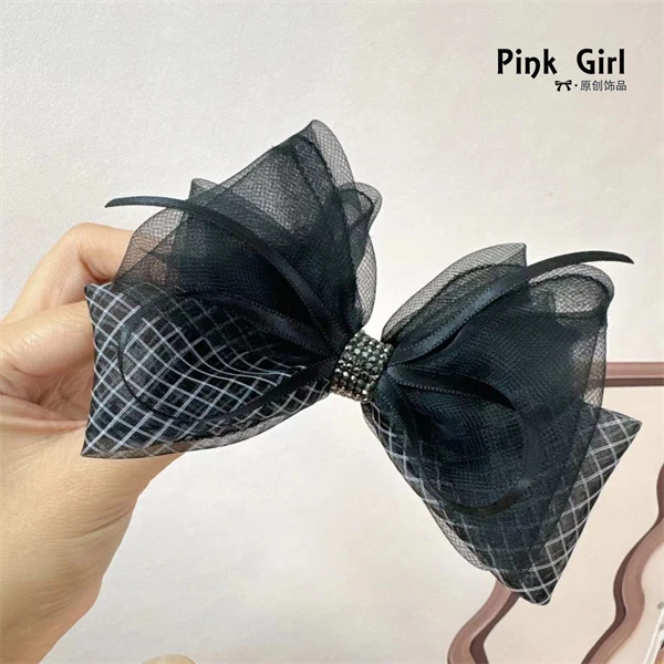1817原创格子欧根纱饱满蝴蝶结香蕉夹竖夹马尾夹