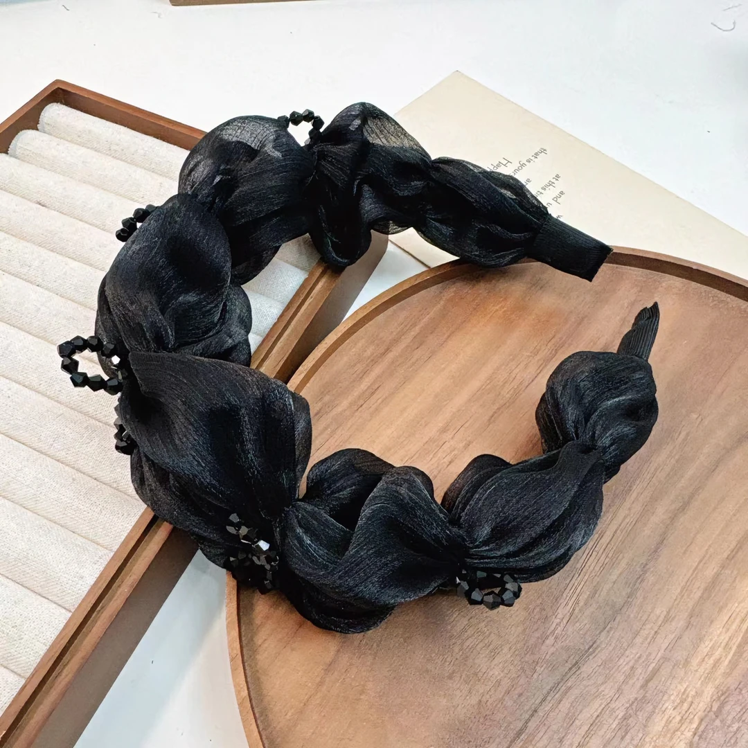 春夏高级浪漫气质小蝴蝶结晶晶蓬松布艺发箍黑色网纱百搭复古宽边