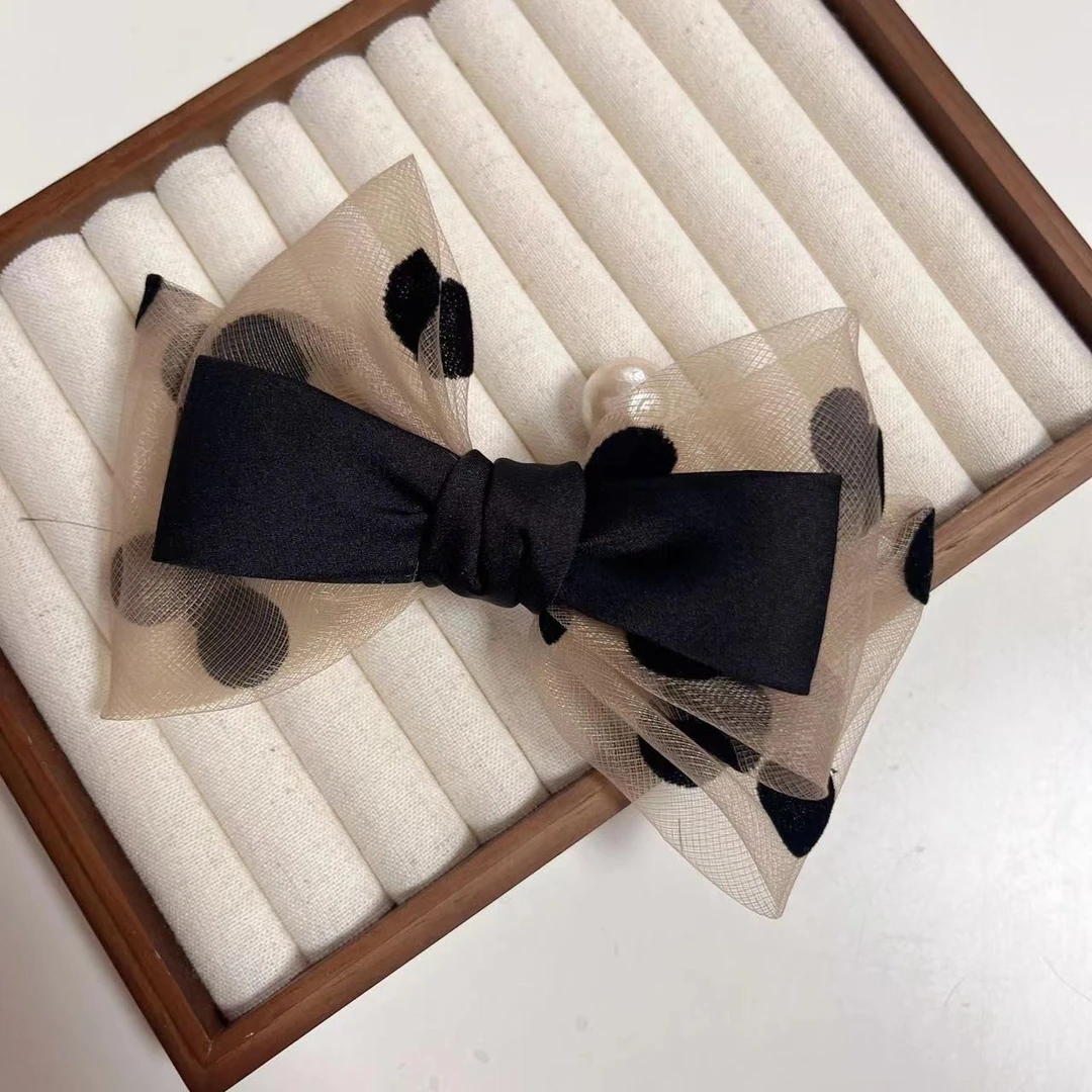 Pink Girl  T392原创高级复古波点欧根纱蝴蝶结发夹顶夹优雅气