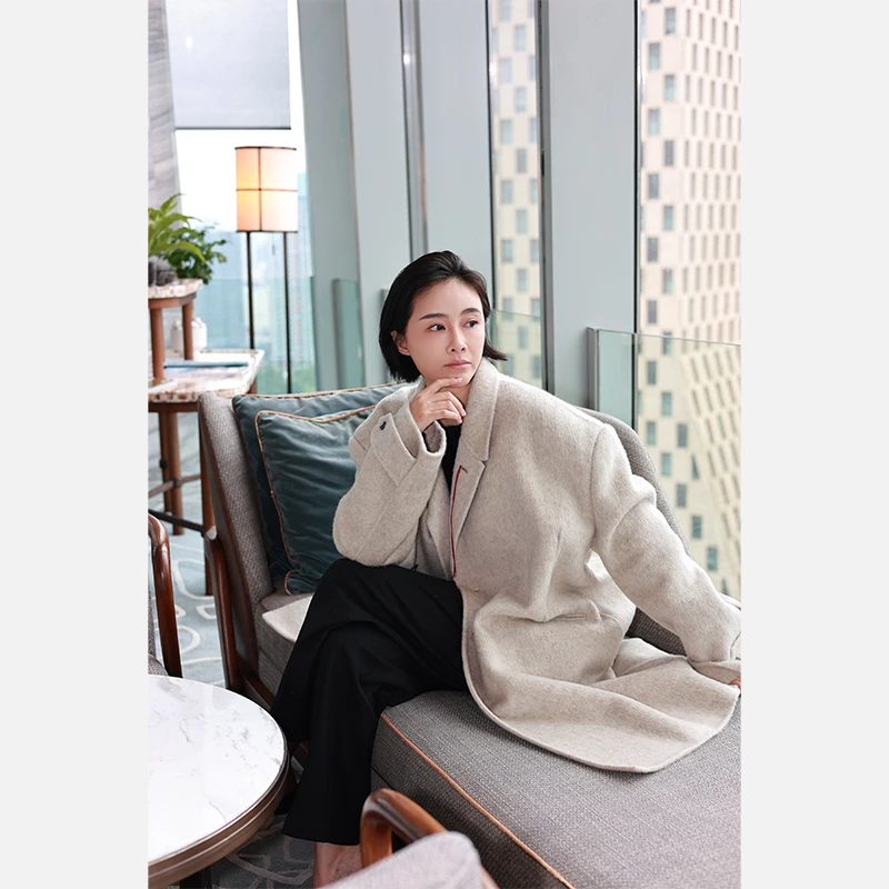 [嫣月稀]Chyna秋冬经典阔版桑蚕丝羊毛兔毛宽松双面呢大衣