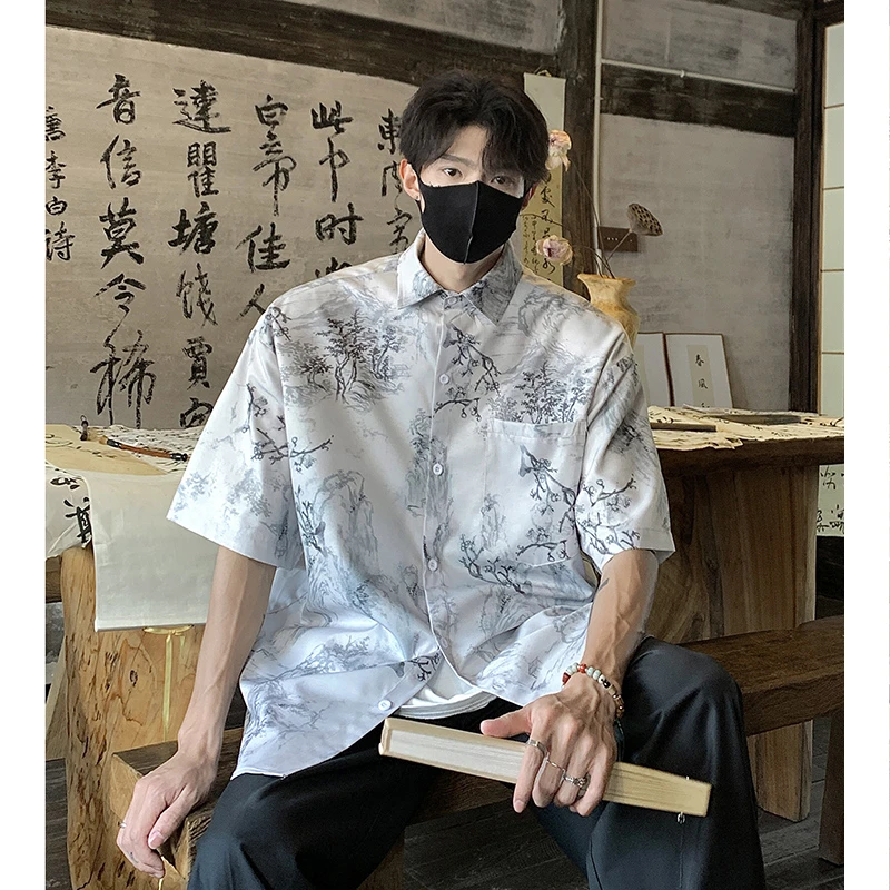 新中式夏季凉感男士衬衫短袖薄款国风水墨画垂坠感宽松休闲短袖