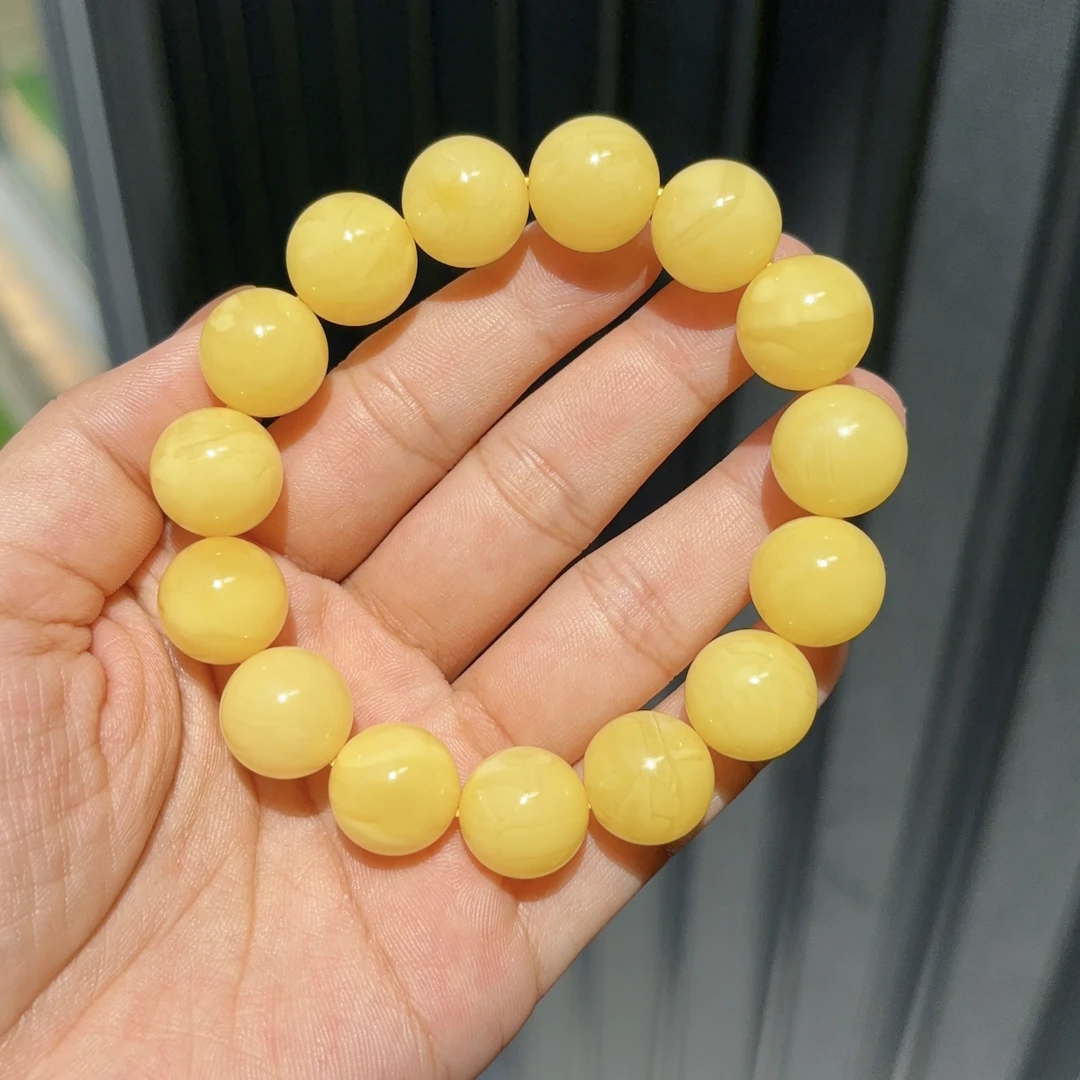 俄料蜜蜡手串14+mm原矿颗颗精选鸡油黄满蜜满蜡单圈男女款百搭款