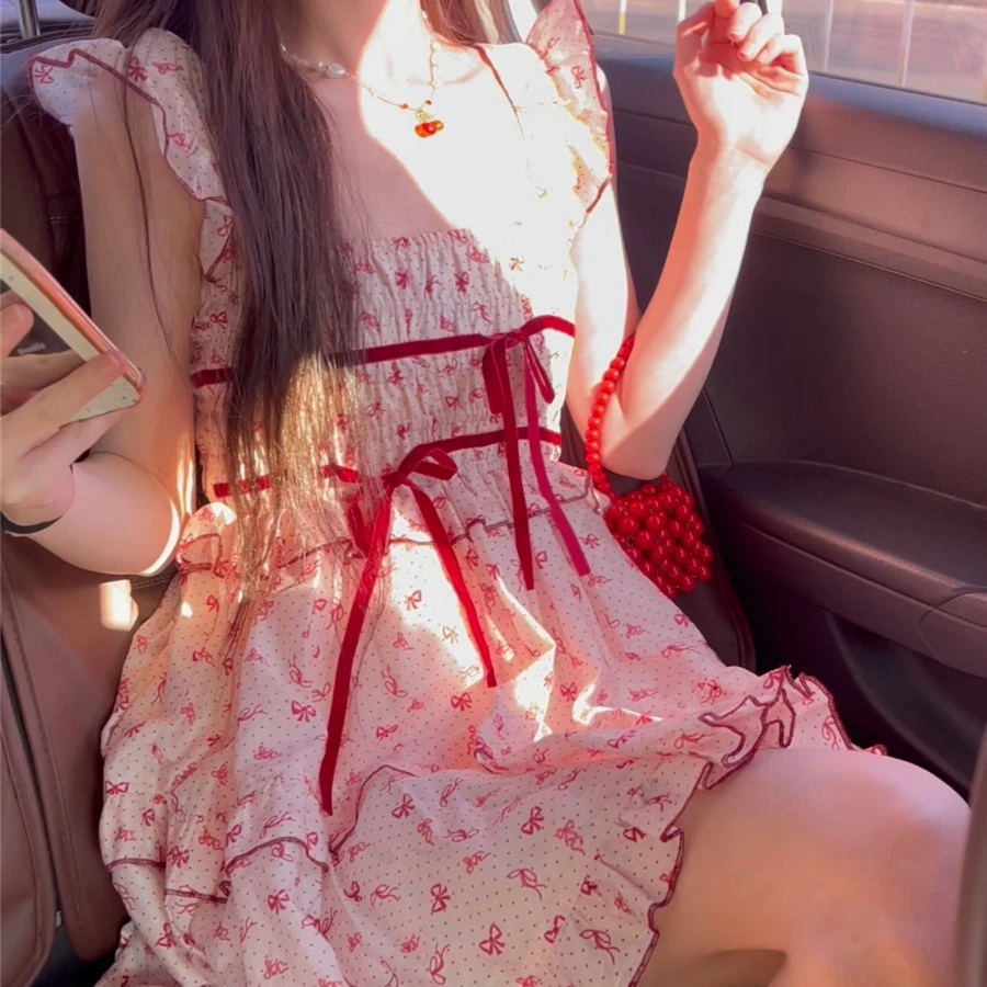 夏季新款森系ins甜美温柔风雪纺印花连衣裙少女学生短款吊带裙子