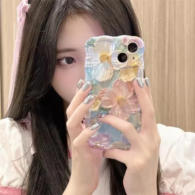 【蓝光波浪边油画花朵】手机壳苹果13复古iPhone14promax防摔软壳12