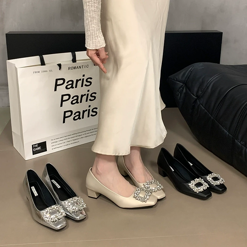法式水钻粗跟高级感单鞋女2024夏季浅口时尚通勤高跟鞋气质百搭