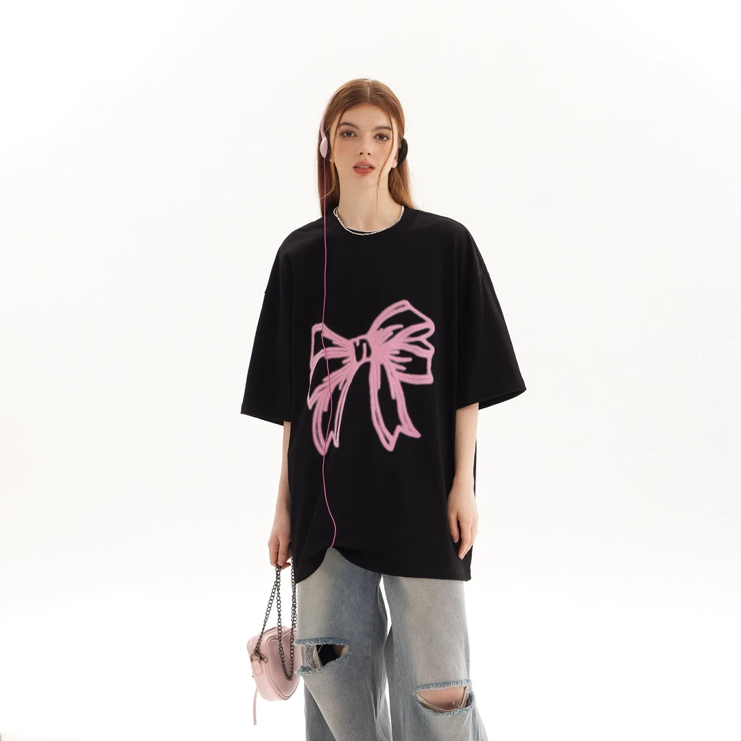 JOOW重磅植绒蝴蝶结280g纯棉T恤宽松可外穿jennie同款