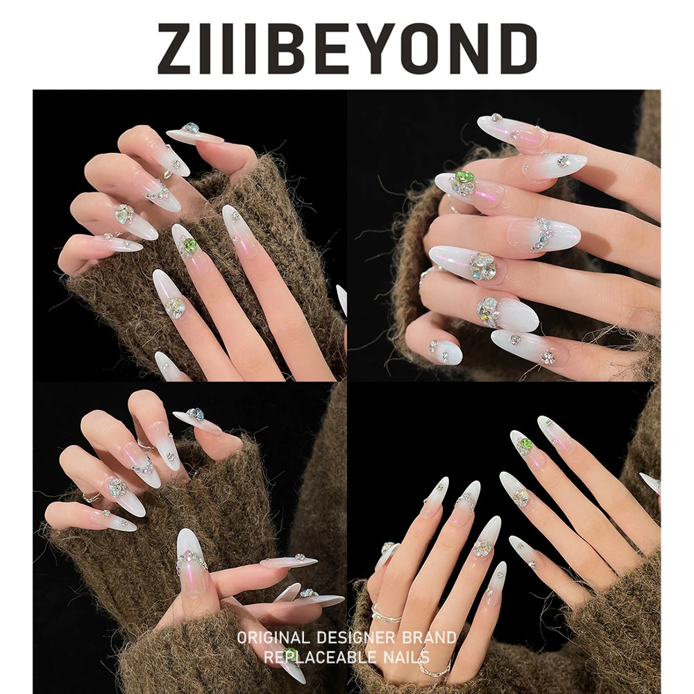 再变【C位】白色法式复古渐变千金风温柔纯欲杏仁美甲穿戴甲片ZB230