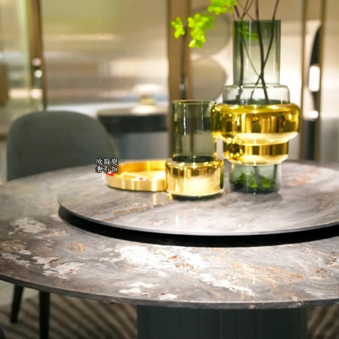 欧斯庭【蓝金沙】奢石圆餐桌意式极简餐台别墅饭台