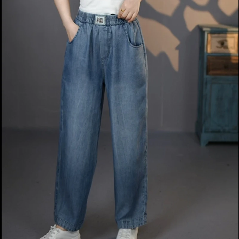 玲726#2025文艺复古做旧磨白牛仔中裤松紧腰贴布贴标九分裤洋气