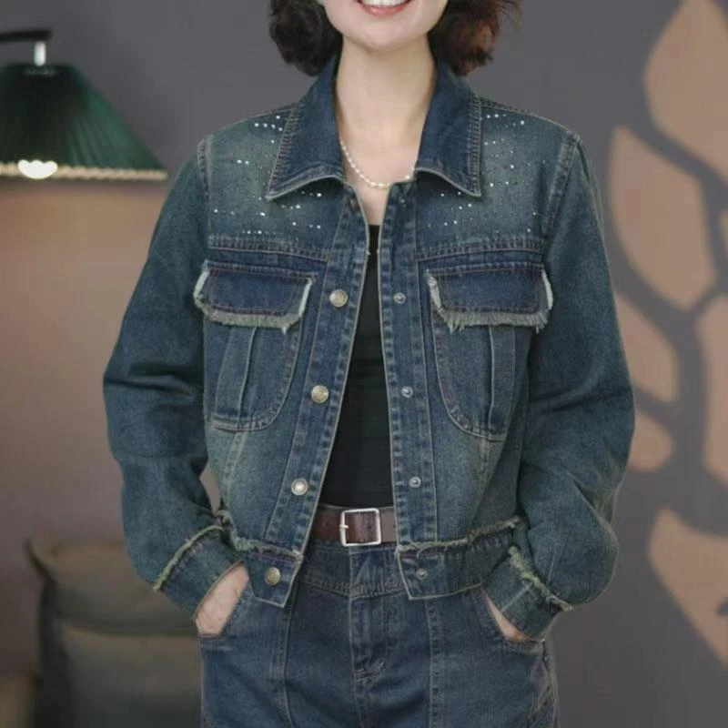 8735#2025春季新款设计感水洗重工流苏烫钻牛仔外套百搭上衣显瘦