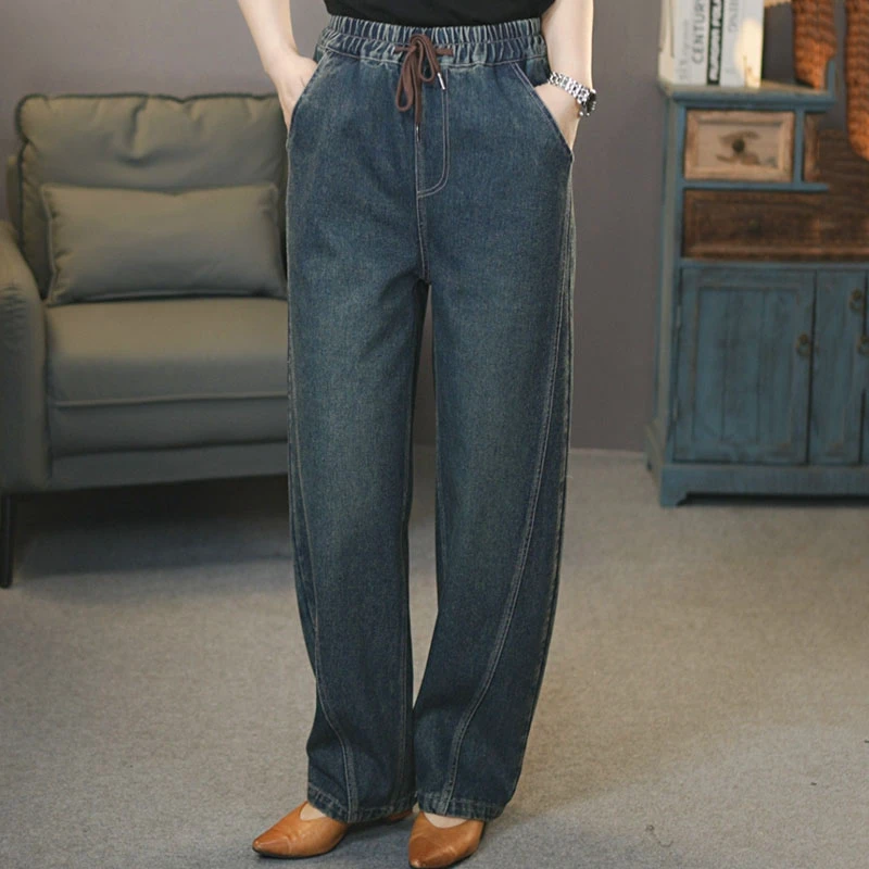 6802蓝#2025春季文艺复古香蕉牛仔长裤休闲松紧腰镰刀裤