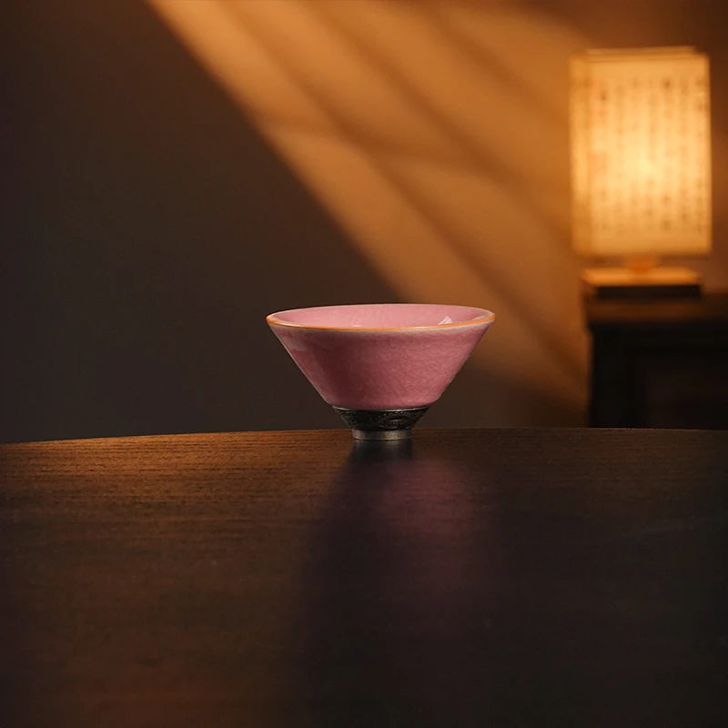 陶瓷中式冰裂主人杯大号粉色复古品茗杯可开片可养斗笠杯茶杯0817