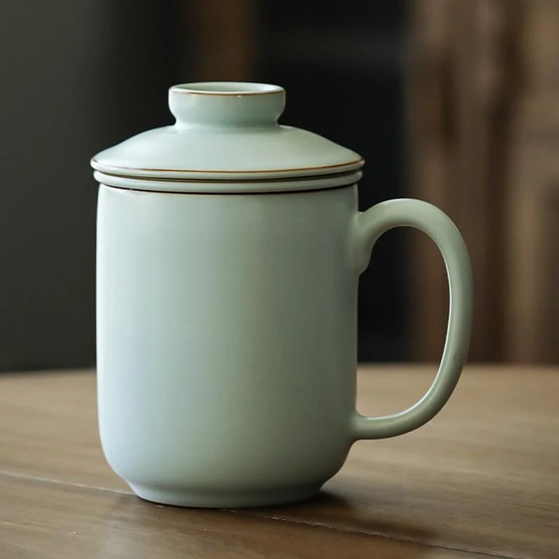 德国进口汝窑泡茶杯陶瓷马克杯带盖带过滤青瓷水杯办公室喝茶杯子