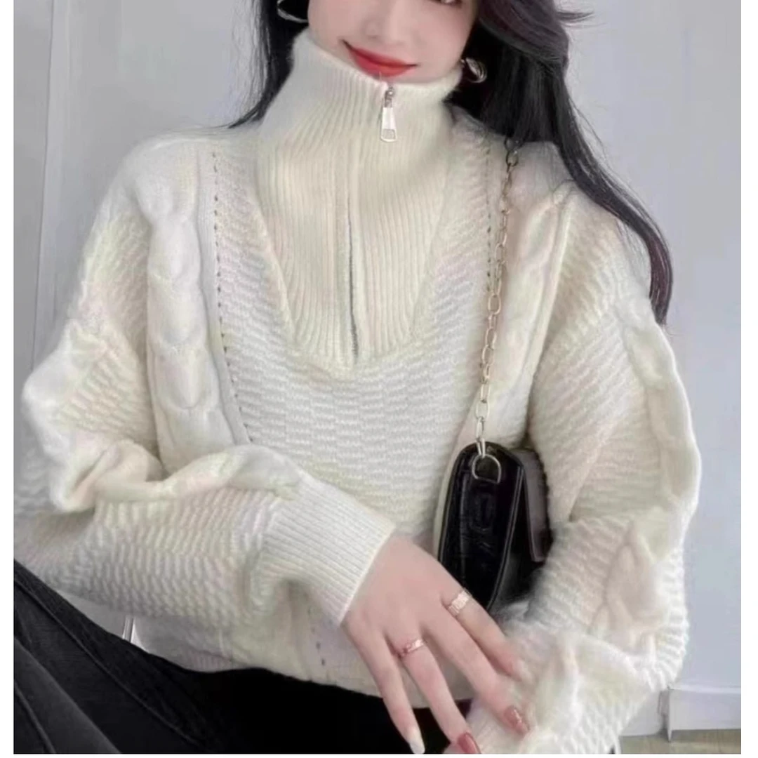 高领毛衣女拉链翻领秋冬装宽松外穿慵懒风麻花针织衫套头百搭上衣