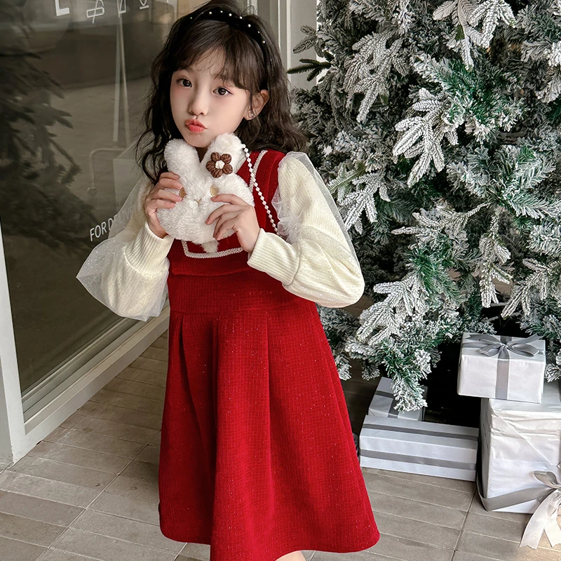 女童加绒连衣裙秋冬新款儿童洋气新年拜年服小女孩红色过年裙套装