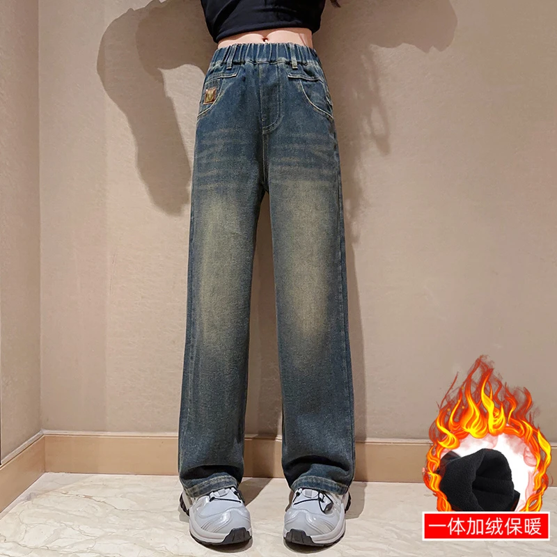 女童牛仔裤冬季2023新款儿童阔腿裤加绒款女大童直筒裤XY805