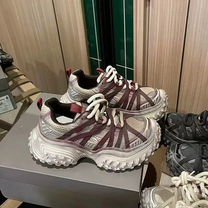 真皮小个子巴黎老爹鞋女2024新款走秀款绑带轮胎榴莲底休闲运动鞋