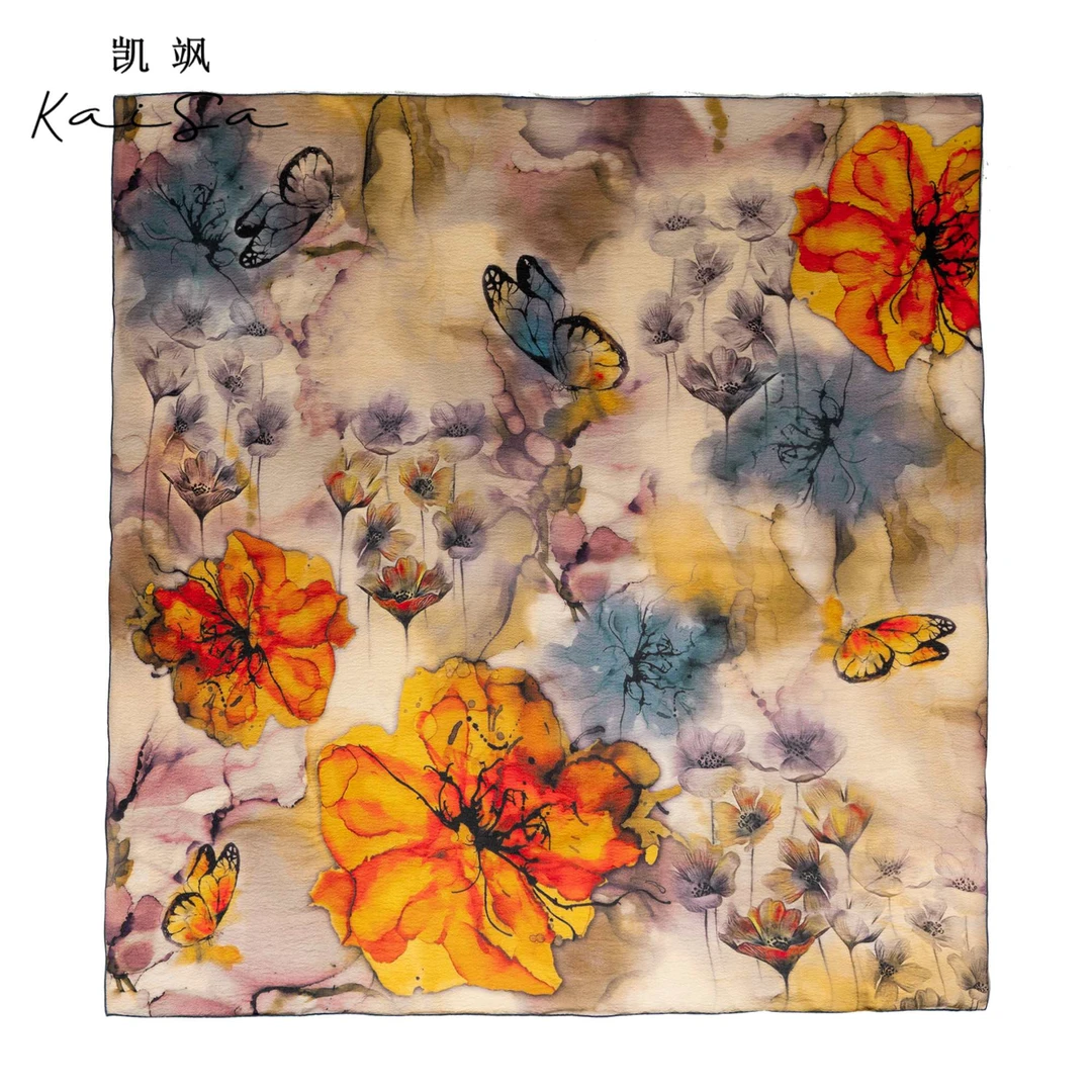 【情花意】玲珑绸桑蚕丝手工卷边方巾100*100