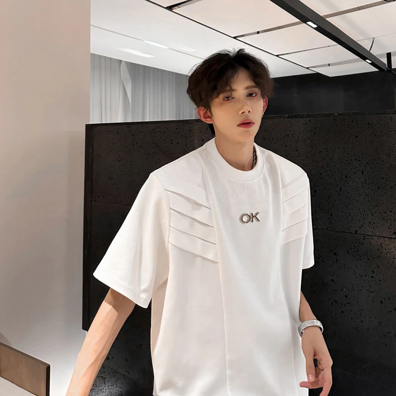 美式复古高街褶皱垫肩重磅短袖t恤男夏季高级感潮牌痞帅宽松半袖