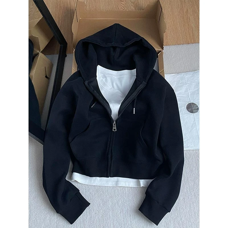 美式黑色短款拉链卫衣男款春秋季简约内搭打底重磅开衫连帽外套潮