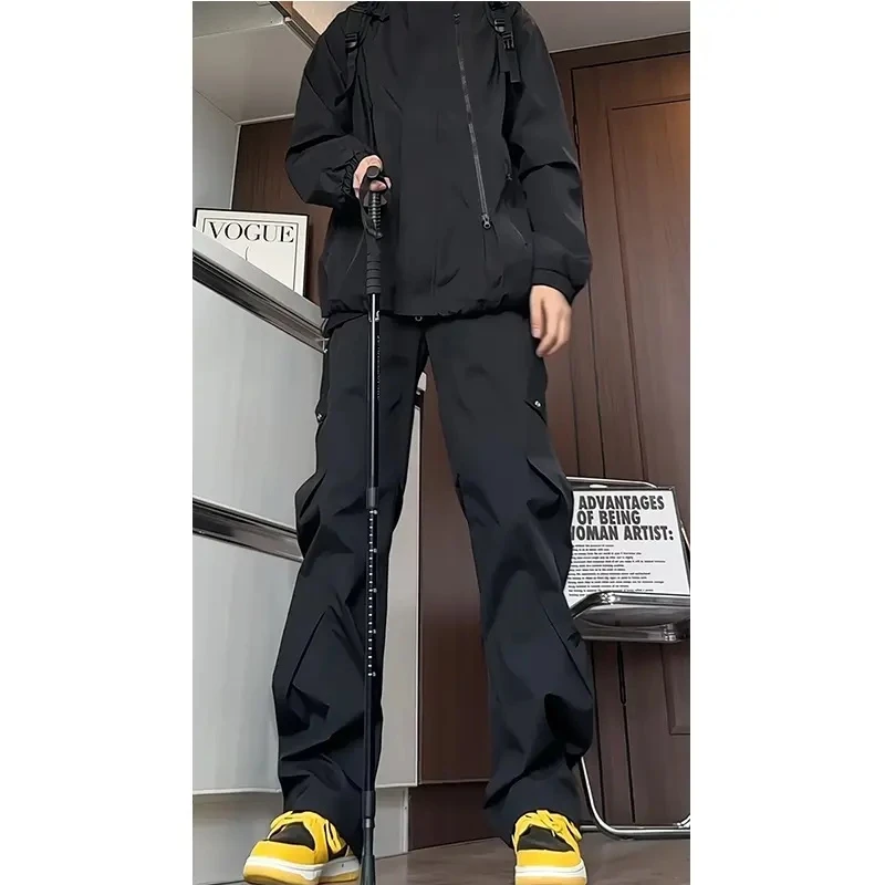 美式褶皱黑色冲锋裤男秋季户外防风防水阔腿百搭潮流工装登山长裤